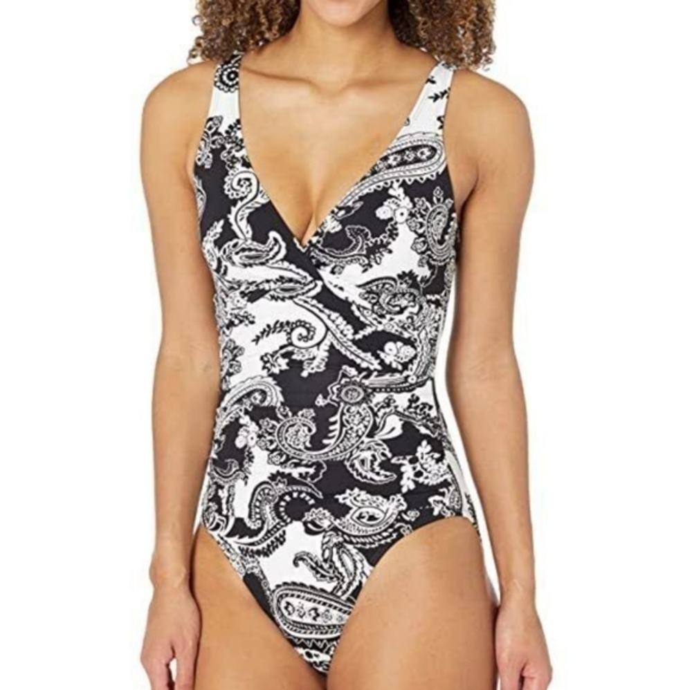 Speedo Paisley Relay Criss-Cross Black & White One Piece Swimsuit